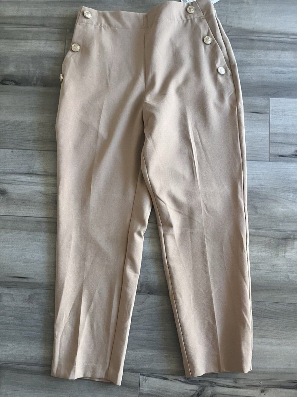 ZARA Tan Gold Button Ankle Pants Large NWT High Rise Straight Leg Quiet Luxury - Picture 2 of 12